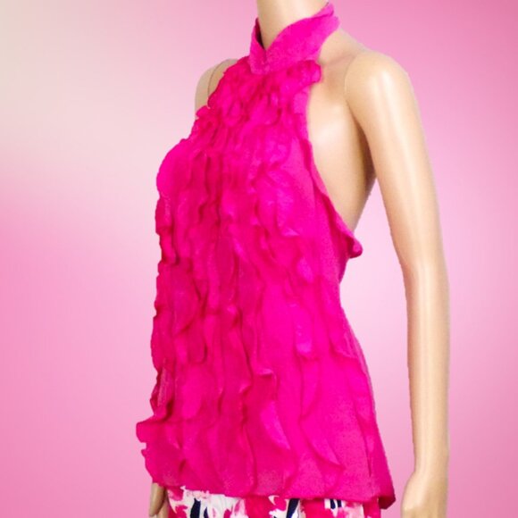 SILK! BCBGMAXAZRIA size XXS fuchsia sleevelesss frilly backless top 100% silk - Picture 10 of 14